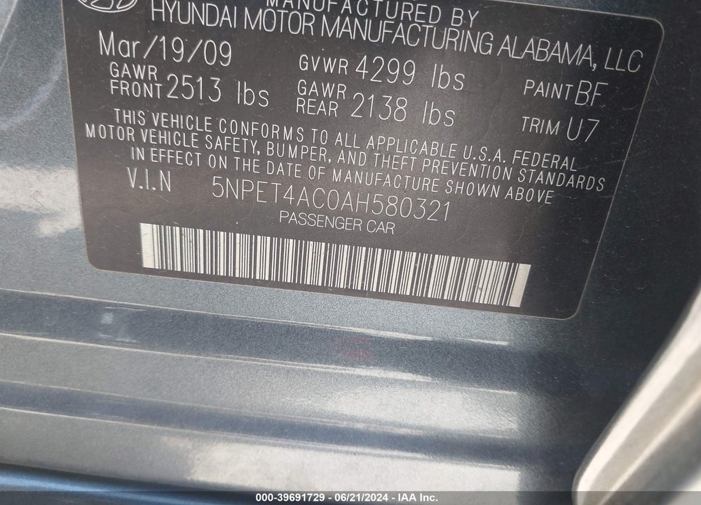 2010 HYUNDAI SONATA GLS VIN: 5NPET4AC0AH580321