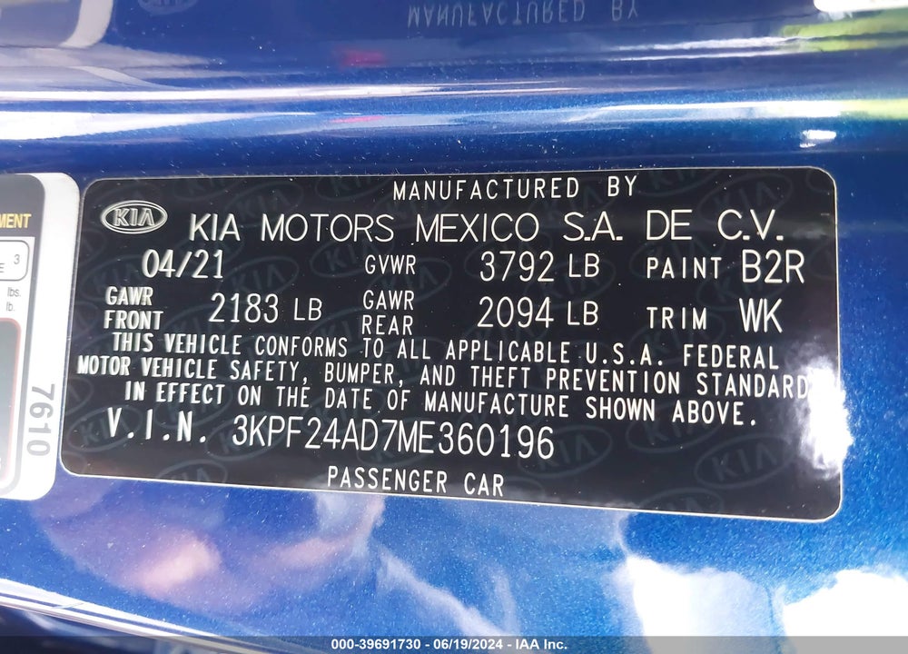 2021 KIA FORTE LXS VIN: 3KPF24AD7ME360196
