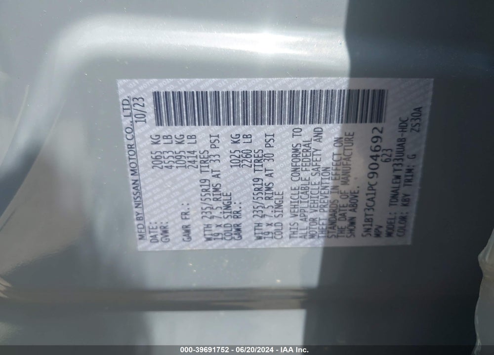 2023 NISSAN ROGUE SL FWD VIN: 5N1BT3CA1PC904692