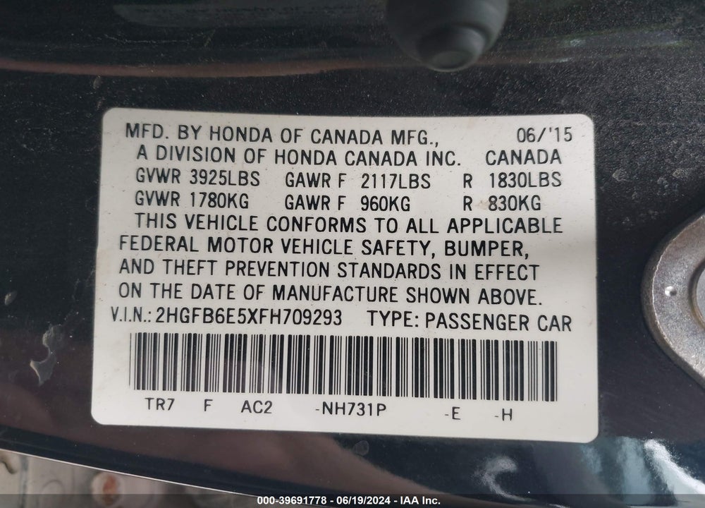2015 HONDA CIVIC SI VIN: 2HGFB6E5XFH709293