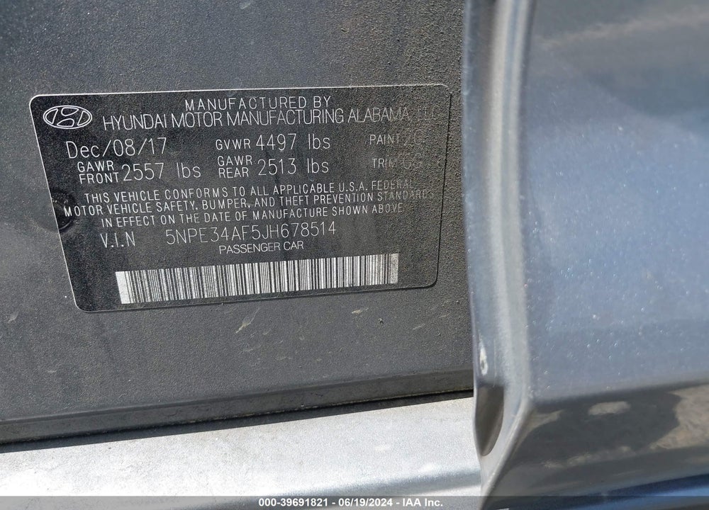 2018 HYUNDAI SONATA SEL VIN: 5NPE34AF5JH678514