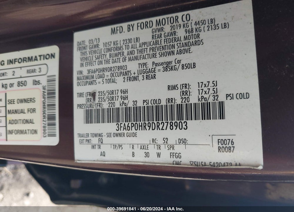 2013 FORD FUSION SE VIN: 3FA6P0HR9DR278903