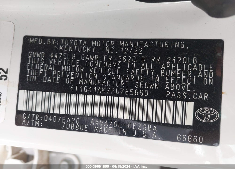 2023 TOYOTA CAMRY SE VIN: 4T1G11AK7PU765660