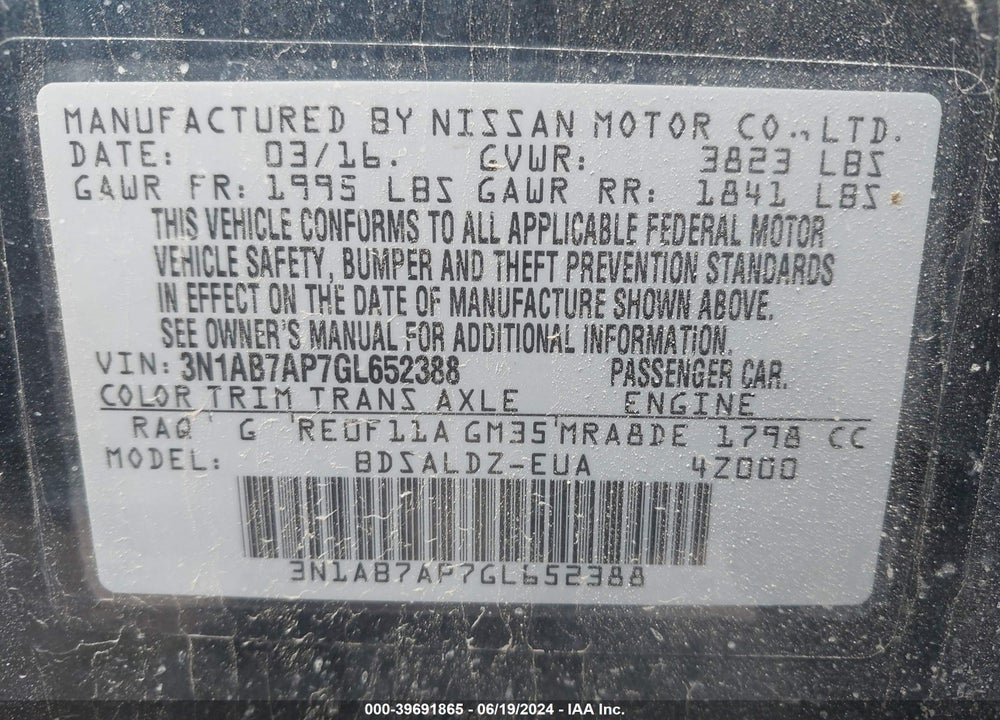 2016 NISSAN SENTRA FE+ S/S/SL/SR/SV VIN: 3N1AB7AP7GL652388