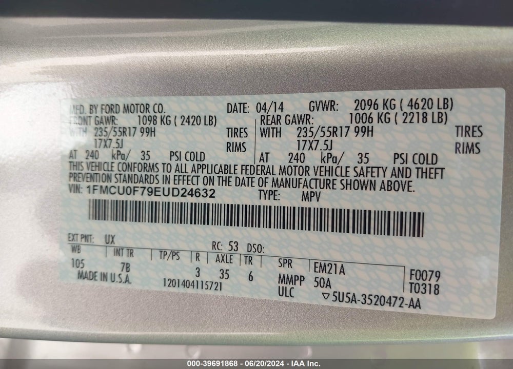 2014 FORD ESCAPE S VIN: 1FMCU0F79EUD24632