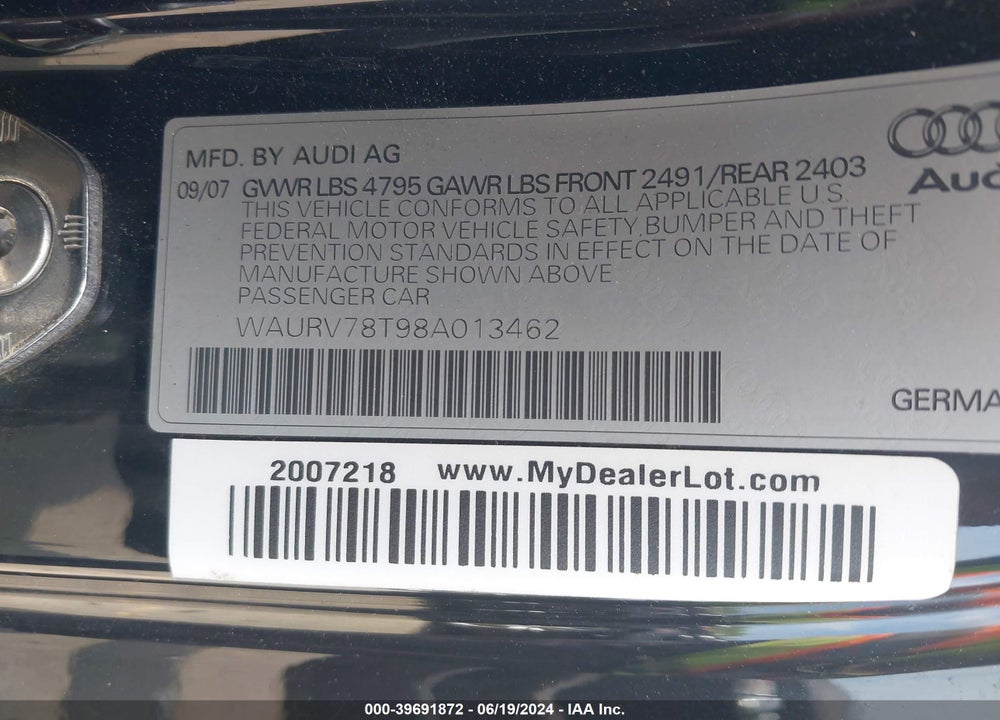 2008 AUDI S5 4.2L VIN: WAURV78T98A013462