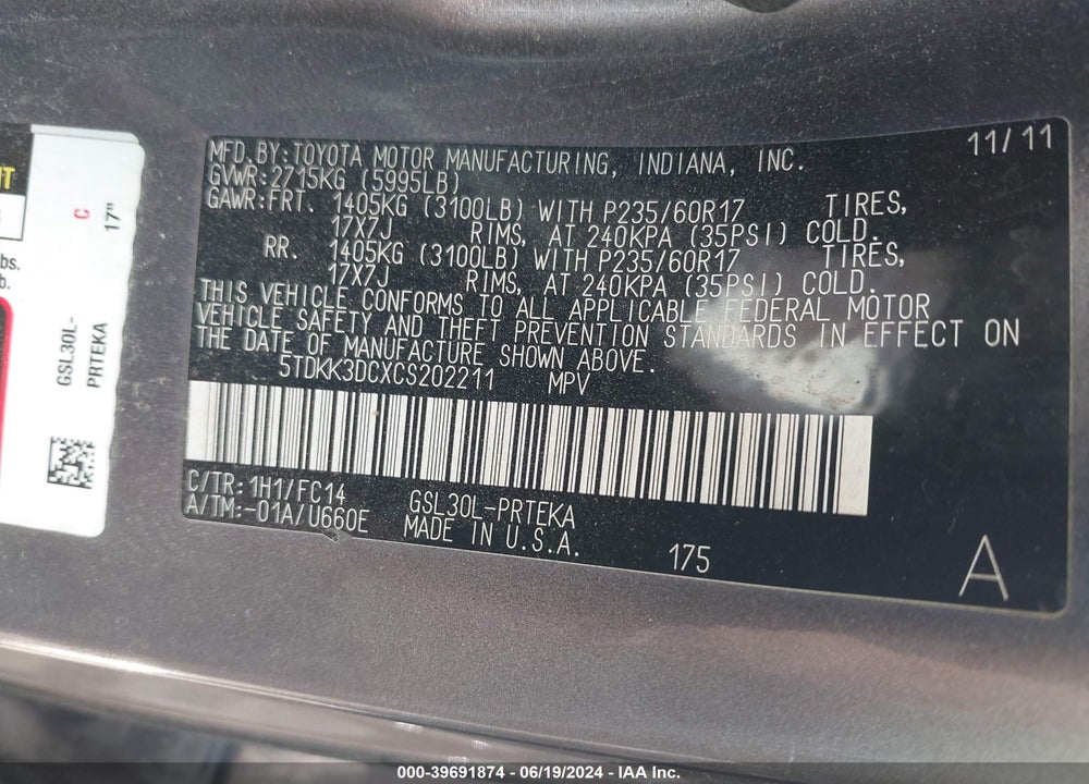 2012 TOYOTA SIENNA LE V6 8 PASSENGER VIN: 5TDKK3DCXCS202211