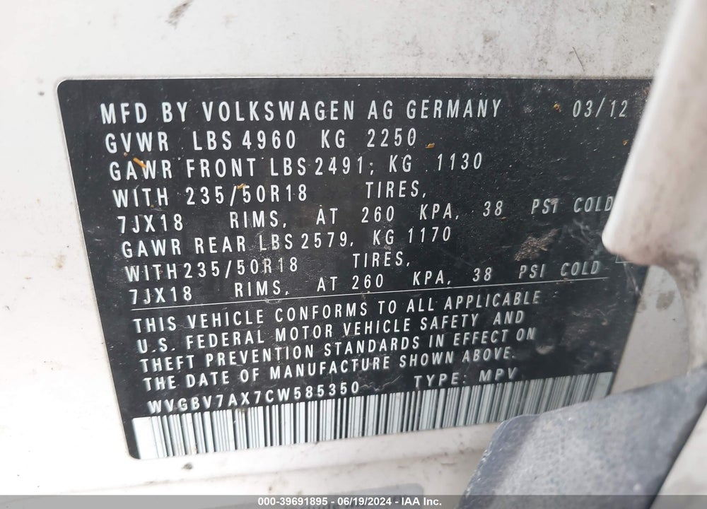 2012 VOLKSWAGEN TIGUAN SE VIN: WVGBV7AX7CW585350