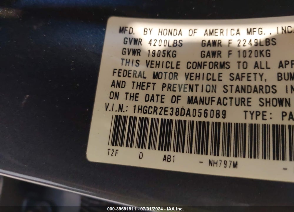 2013 HONDA ACCORD LX VIN: 1HGCR2E38DA056089