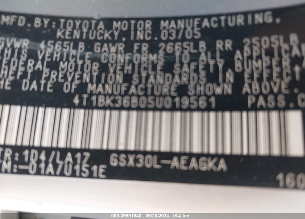 2005 TOYOTA AVALON XLS VIN: 4T1BK36B05U019561