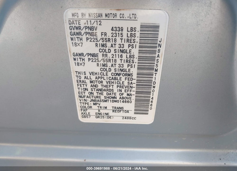 2013 NISSAN ROGUE SV W/SL PKG VIN: JN8AS5MT1DW014660