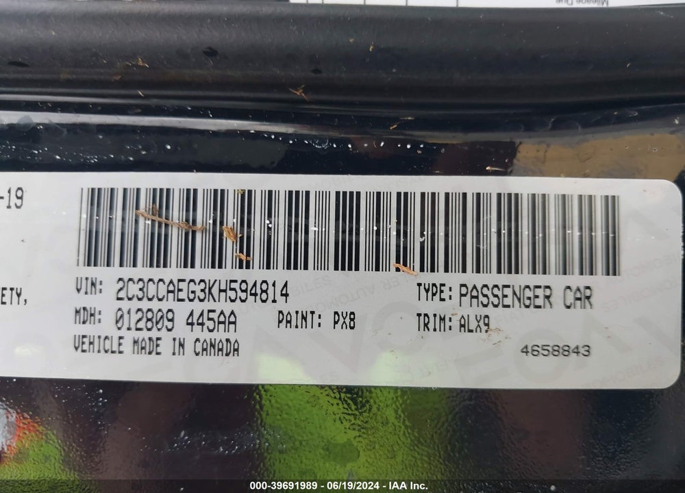 2019 CHRYSLER 300 LIMITED VIN: 2C3CCAEG3KH594814