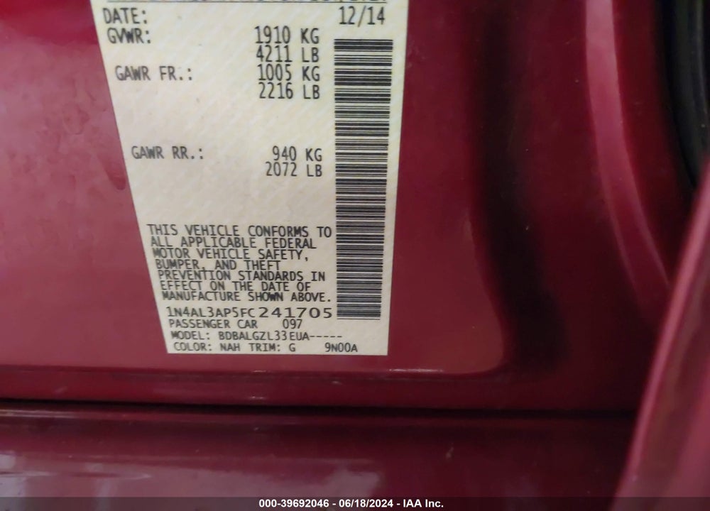 2015 NISSAN ALTIMA 2.5/2.5 S/2.5 SL/2.5 SV VIN: 1N4AL3AP5FC241705