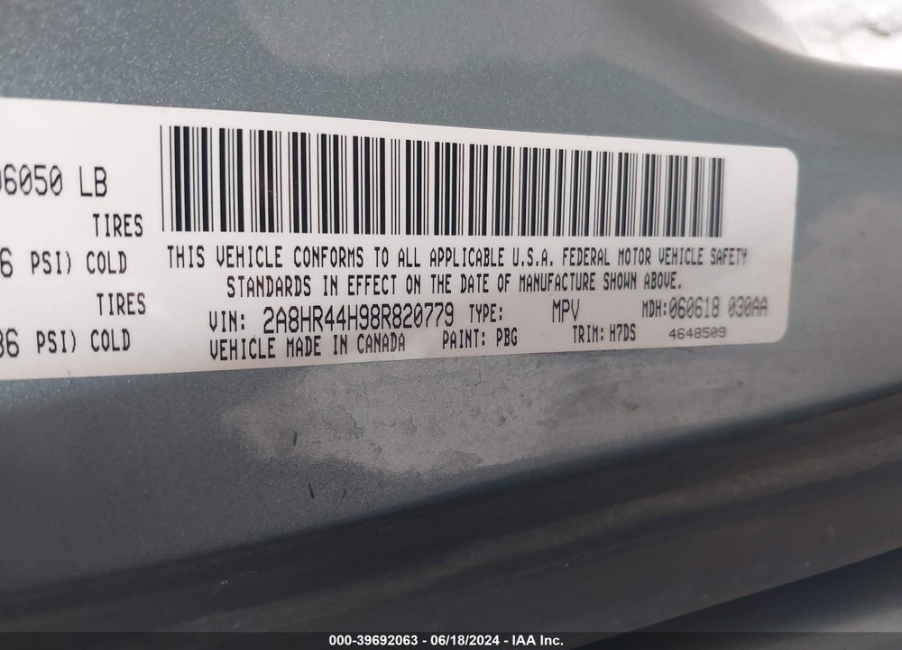 2008 CHRYSLER TOWN & COUNTRY LX VIN: 2A8HR44H98R820779