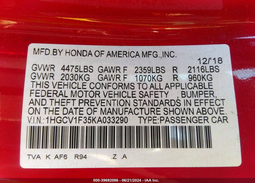 2019 HONDA ACCORD SPORT VIN: 1HGCV1F35KA033290