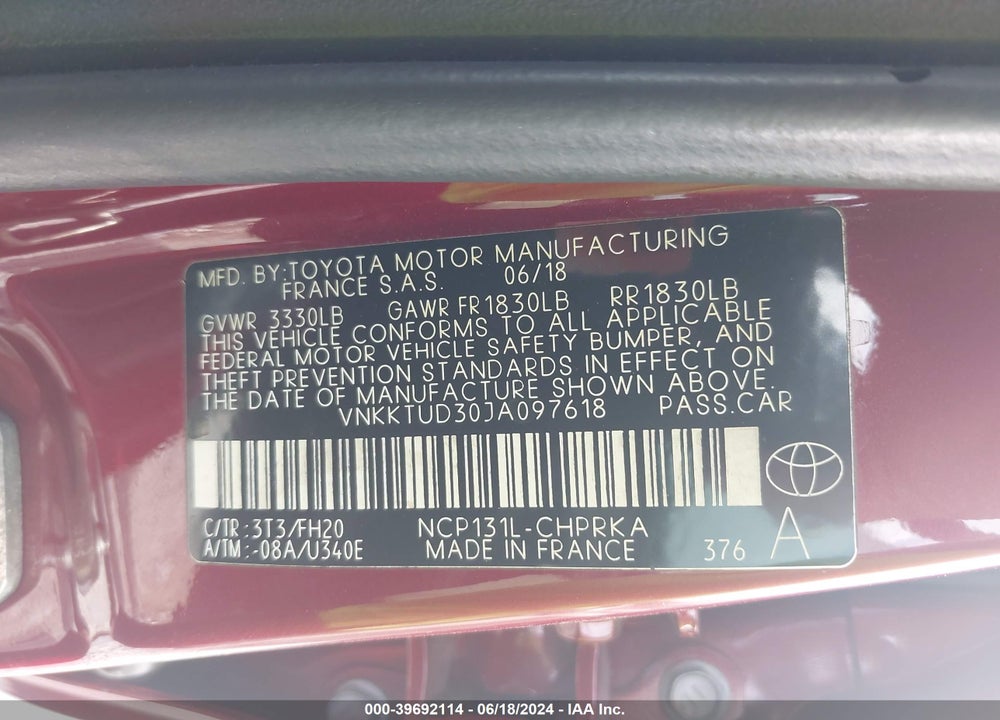 2018 TOYOTA YARIS L VIN: VNKKTUD30JA097618