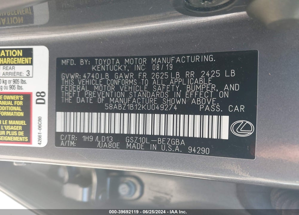 2019 LEXUS ES 350 VIN: 58ABZ1B12KU049274