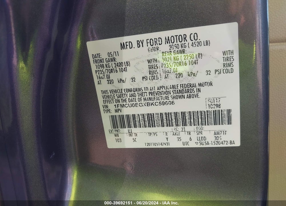 2011 FORD ESCAPE VIN: 1FMCU0EGXBKC59606