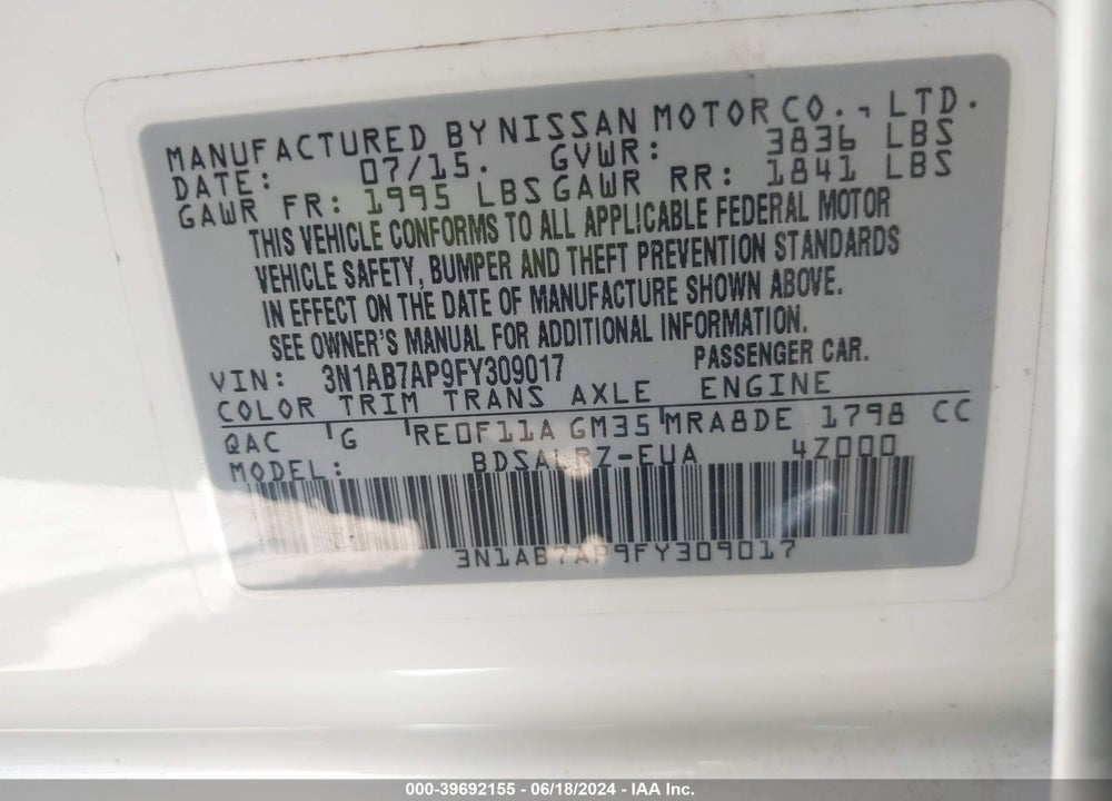 2015 NISSAN SENTRA FE+ S/S/SL/SR/SV VIN: 3N1AB7AP9FY309017