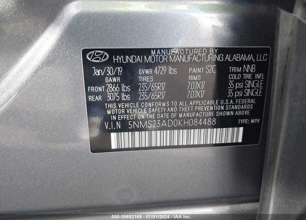 2019 HYUNDAI SANTA FE SE VIN: 5NMS23AD0KH084488