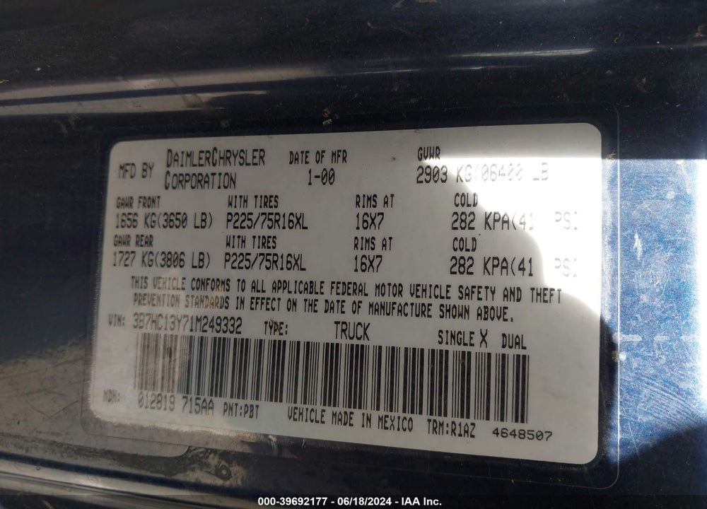 2001 DODGE RAM 1500 ST VIN: 3B7HC13Y71M249332