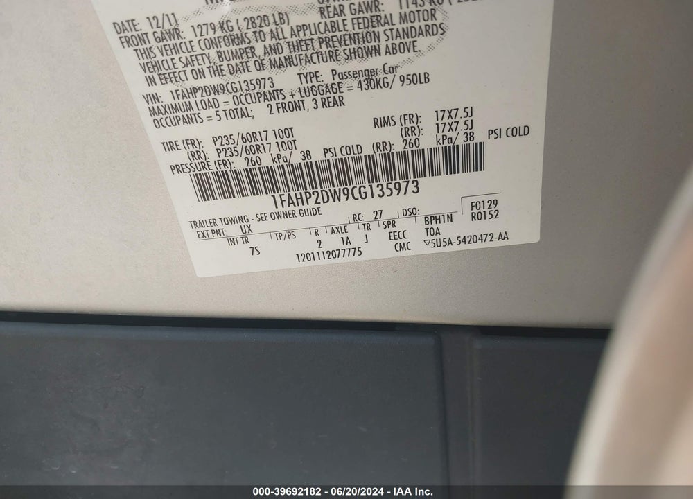 2012 FORD TAURUS SE VIN: 1FAHP2DW9CG135973