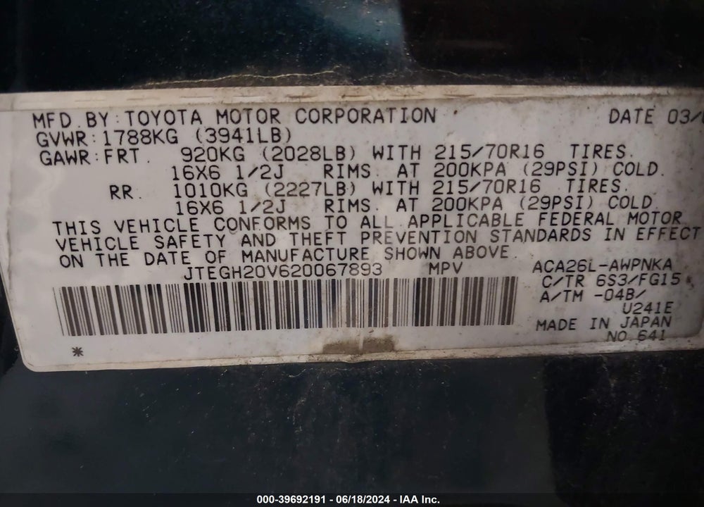 2002 TOYOTA RAV4 VIN: JTEGH20V620067893