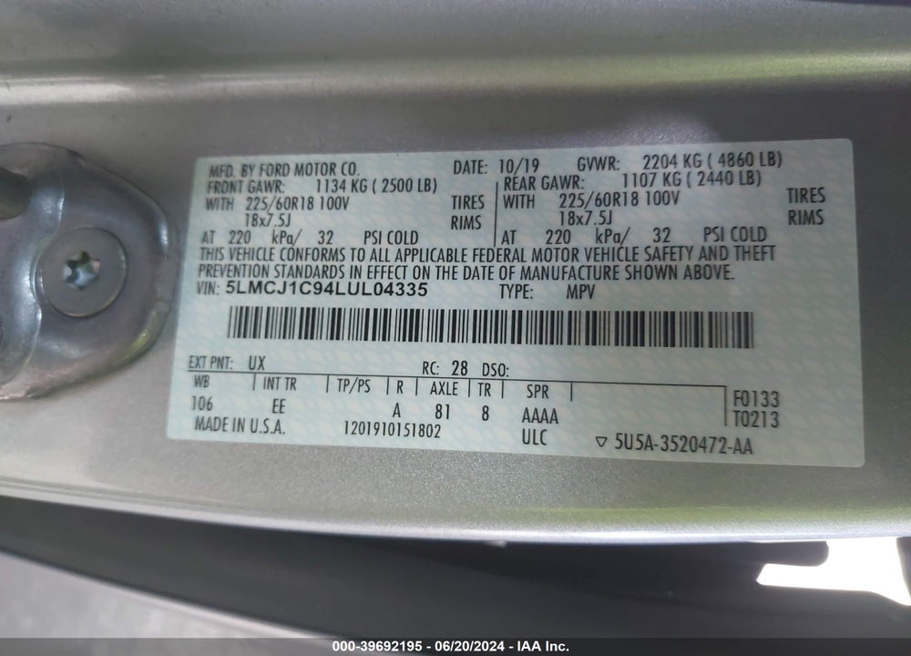 2020 LINCOLN CORSAIR STANDARD VIN: 5LMCJ1C94LUL04335