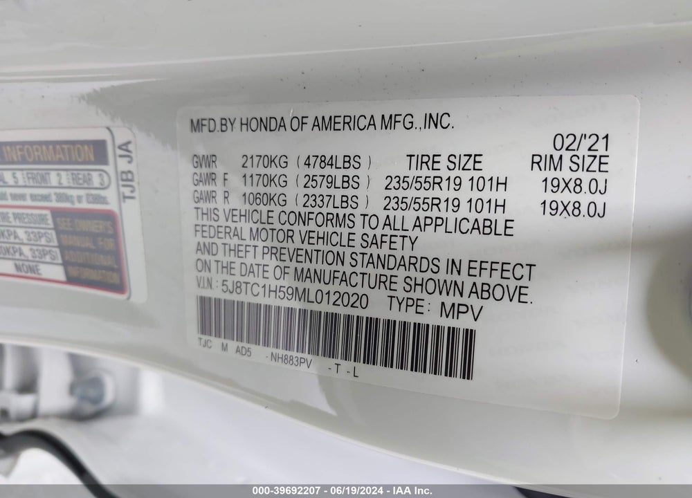 2021 ACURA RDX TECHNOLOGY PACKAGE VIN: 5J8TC1H59ML012020