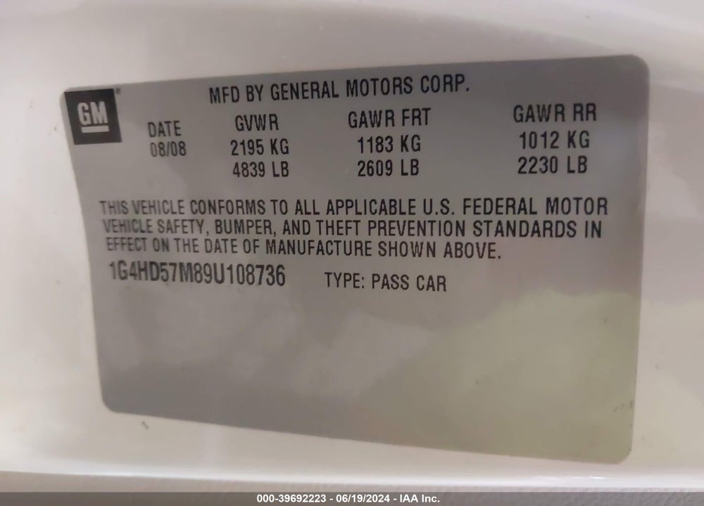 2009 BUICK LUCERNE VIN: 1G4HD57M89U108736