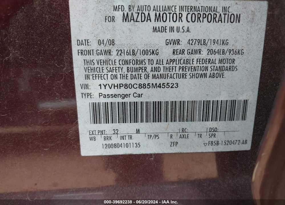 2008 MAZDA 6 I SPORT VE VIN: 1YVHP80C885M45523