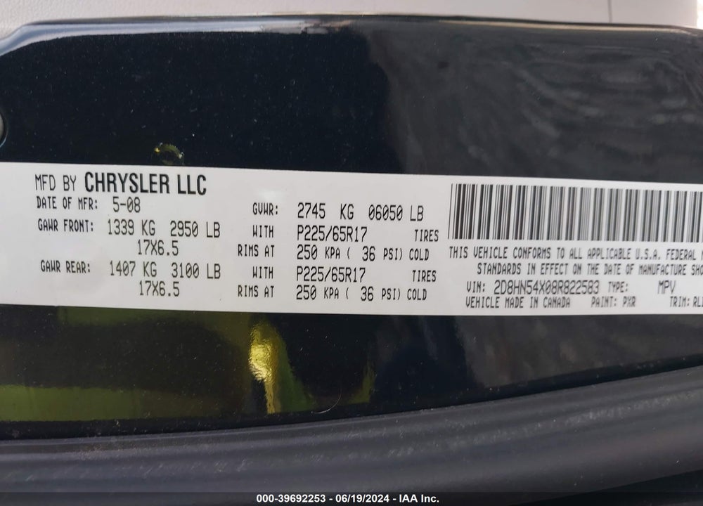 2008 DODGE GRAND CARAVAN SXT VIN: 2D8HN54X08R822583