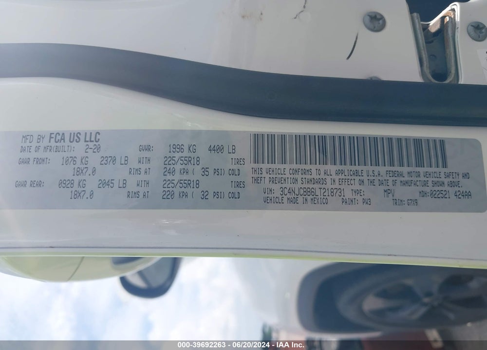 2020 JEEP COMPASS ALTITUDE FWD VIN: 3C4NJCBB6LT218731