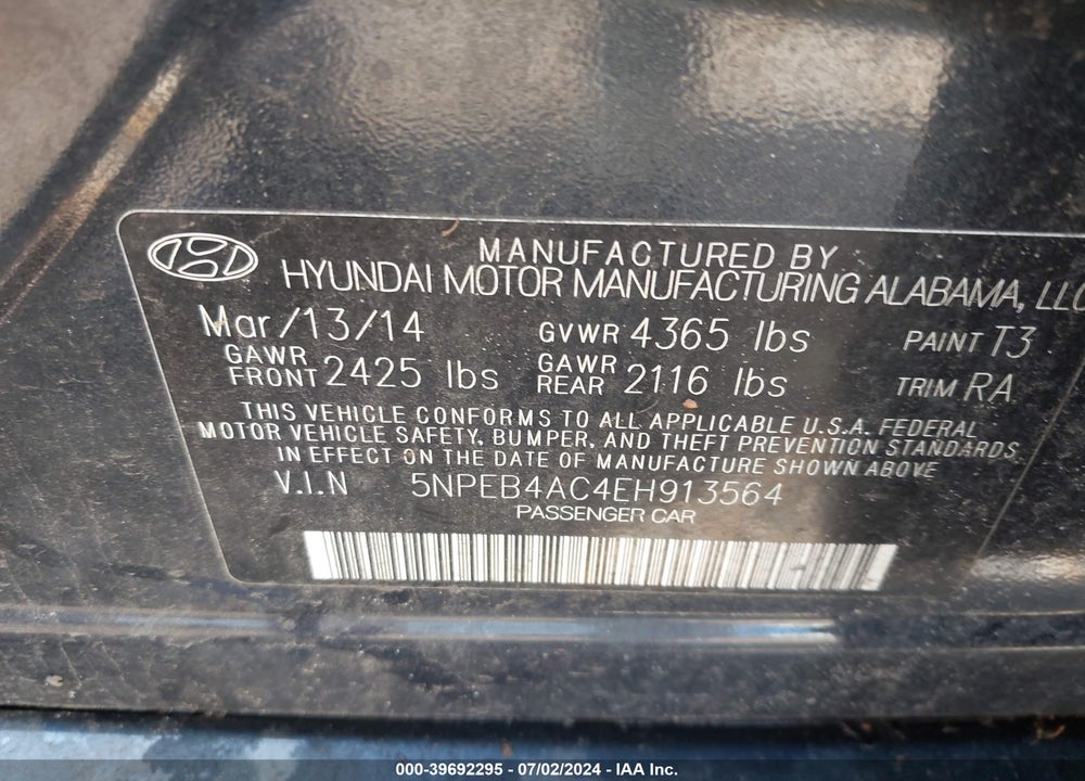 2014 HYUNDAI SONATA GLS VIN: 5NPEB4AC4EH913564