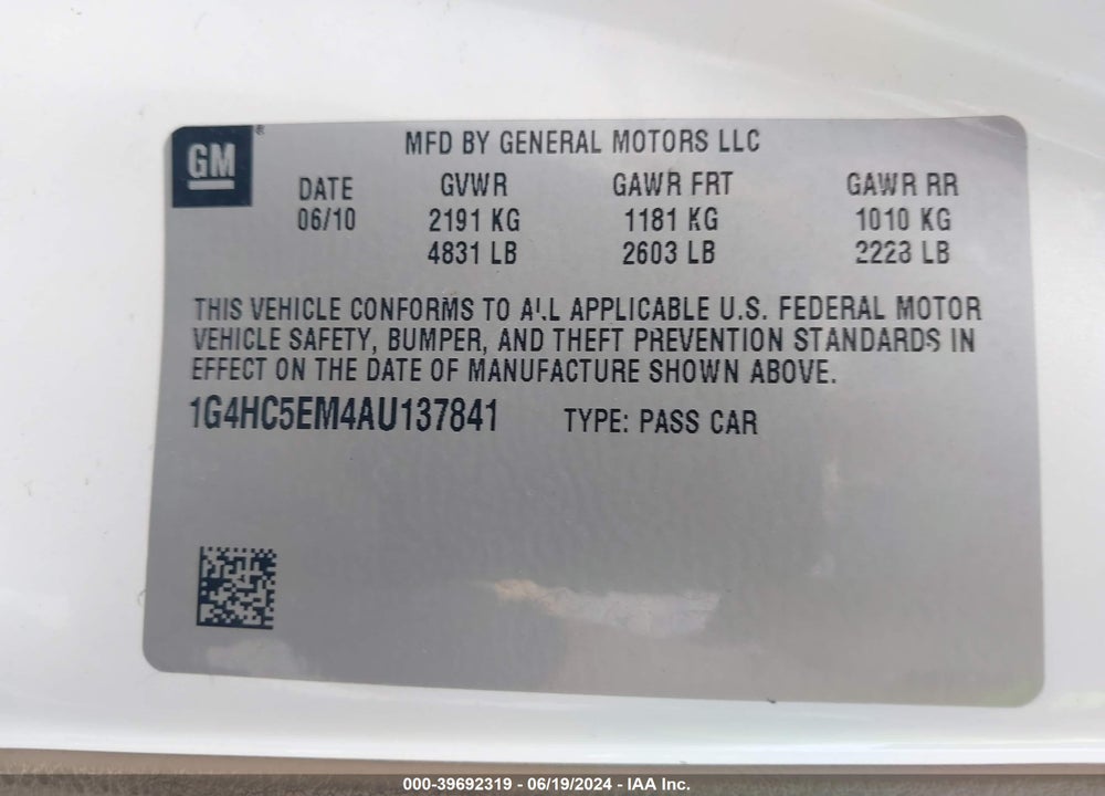 2010 BUICK LUCERNE CXL VIN: 1G4HC5EM4AU137841