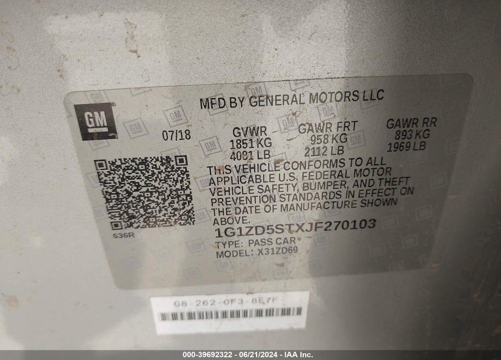 2018 CHEVROLET MALIBU LT VIN: 1G1ZD5STXJF270103