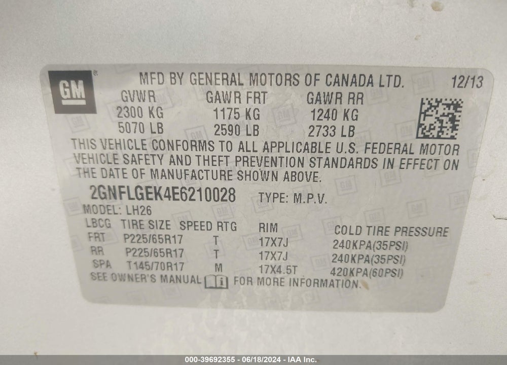 2014 CHEVROLET EQUINOX 2LT VIN: 2GNFLGEK4E6210028