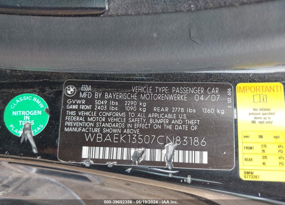 2007 BMW 650I VIN: WBAEK13507CN83186