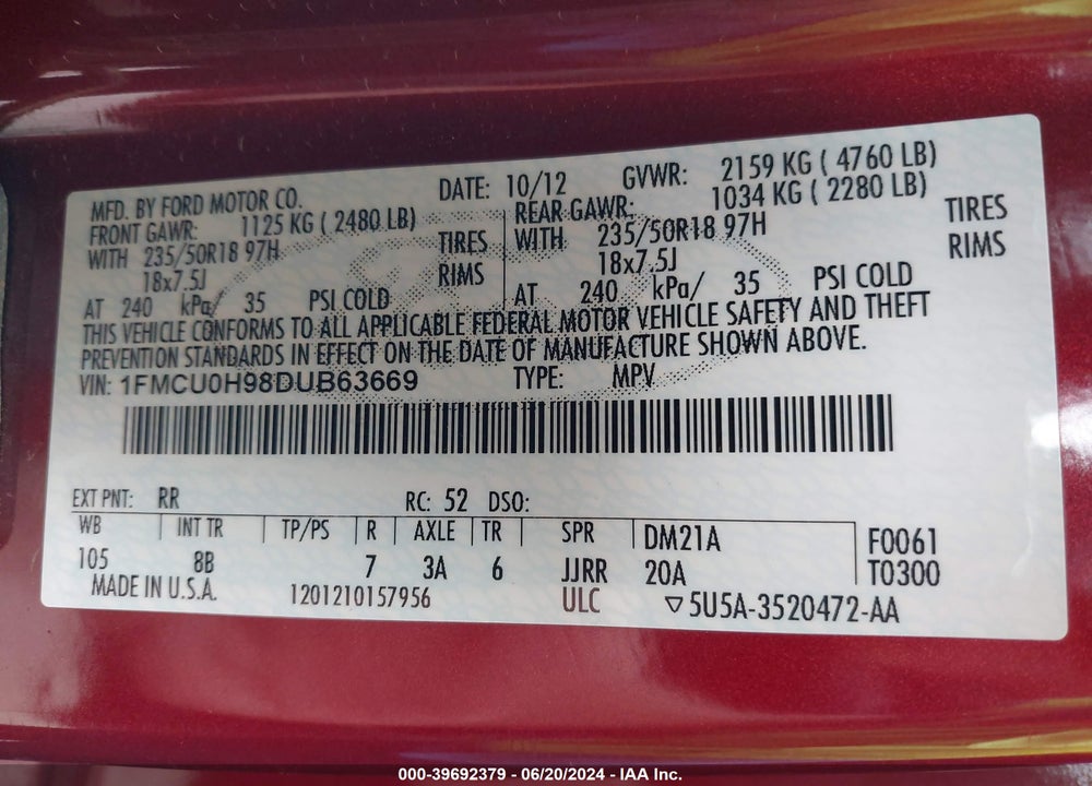 2013 FORD ESCAPE SEL VIN: 1FMCU0H98DUB63669