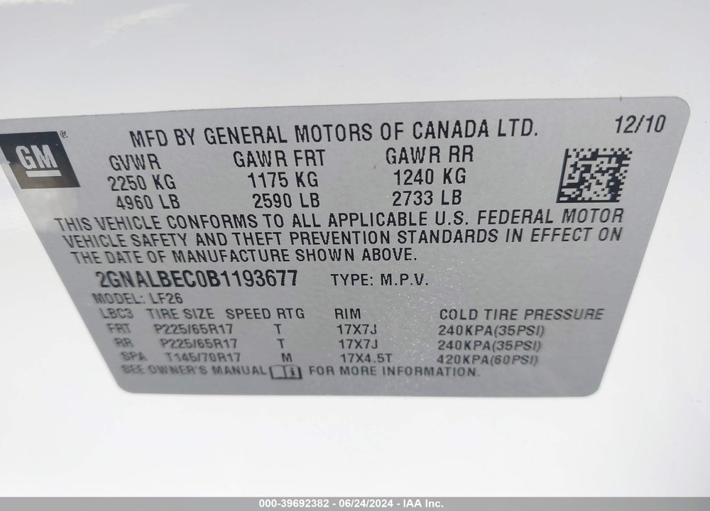 2011 CHEVROLET EQUINOX LS VIN: 2GNALBEC0B1193677