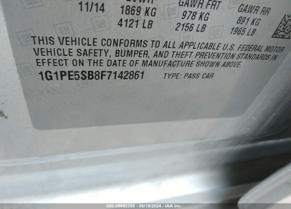 2015 CHEVROLET CRUZE 2LT AUTO VIN: 1G1PE5SB8F7142861