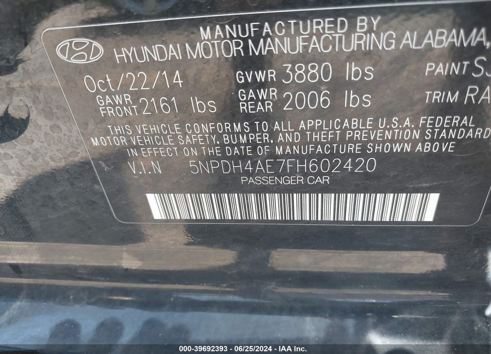 2015 HYUNDAI ELANTRA SE VIN: 5NPDH4AE7FH602420