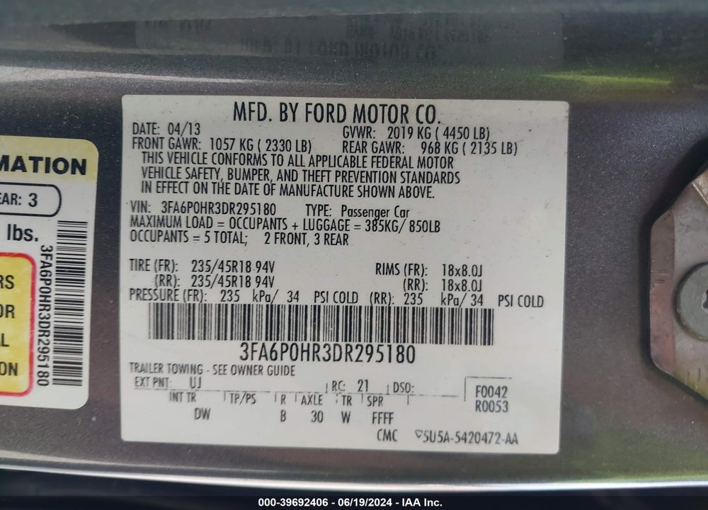 2013 FORD FUSION SE VIN: 3FA6P0HR3DR295180