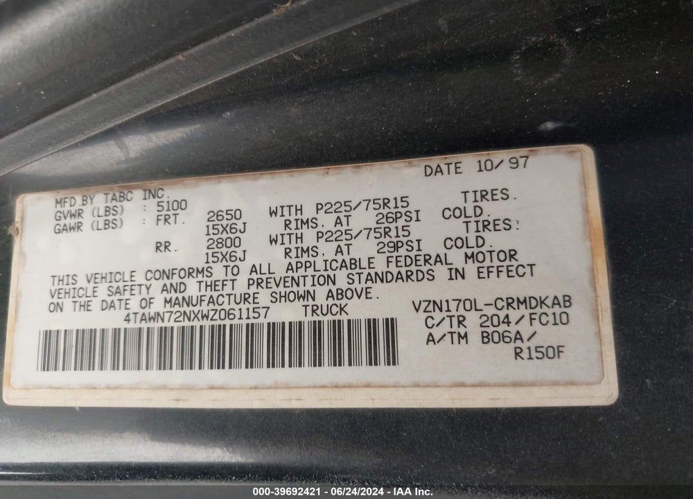 1998 TOYOTA TACOMA BASE V6 VIN: 4TAWN72NXWZ061157