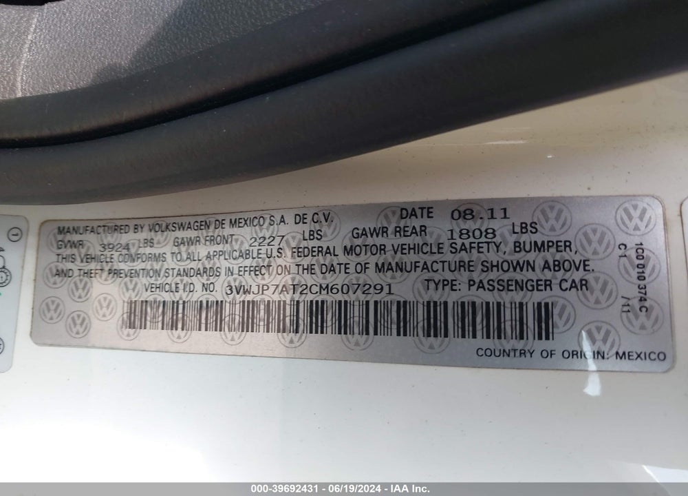 2012 VOLKSWAGEN BEETLE 2.5L VIN: 3VWJP7AT2CM607291