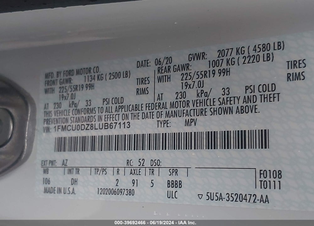 2020 FORD ESCAPE TITANIUM HYBRID VIN: 1FMCU0DZ8LUB67113