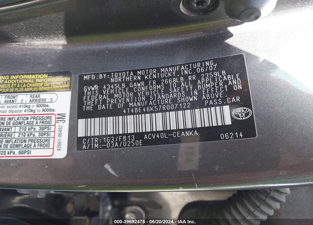2007 TOYOTA CAMRY LE VIN: 4T4BE46K57R007122