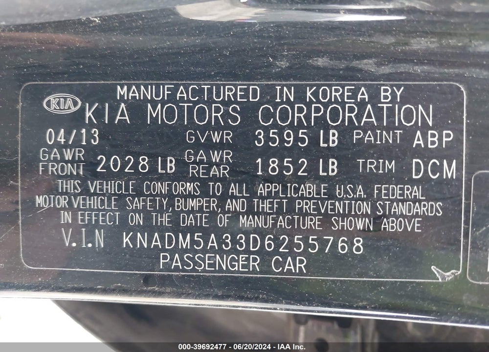 2013 KIA RIO VIN: KNADM5A33D6255768