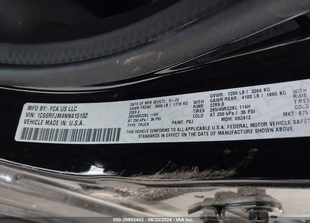 2022 RAM 1500 LAIE  4X4 5'7 BOX VIN: 1C6SRFJM4NN415102