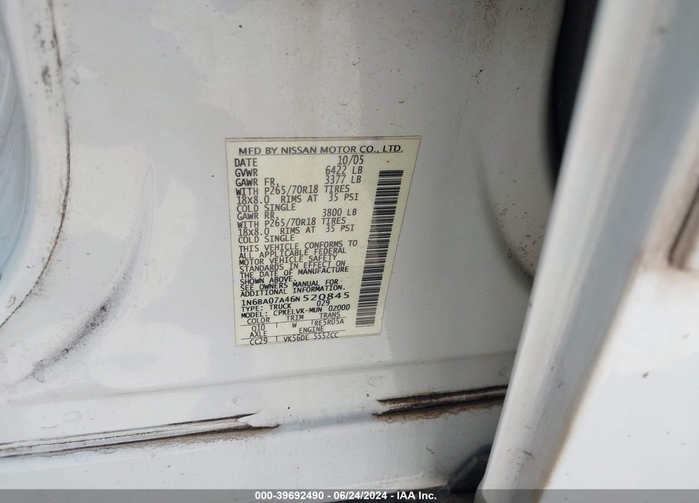 2006 NISSAN TITAN LE VIN: 1N6BA07A46N520845